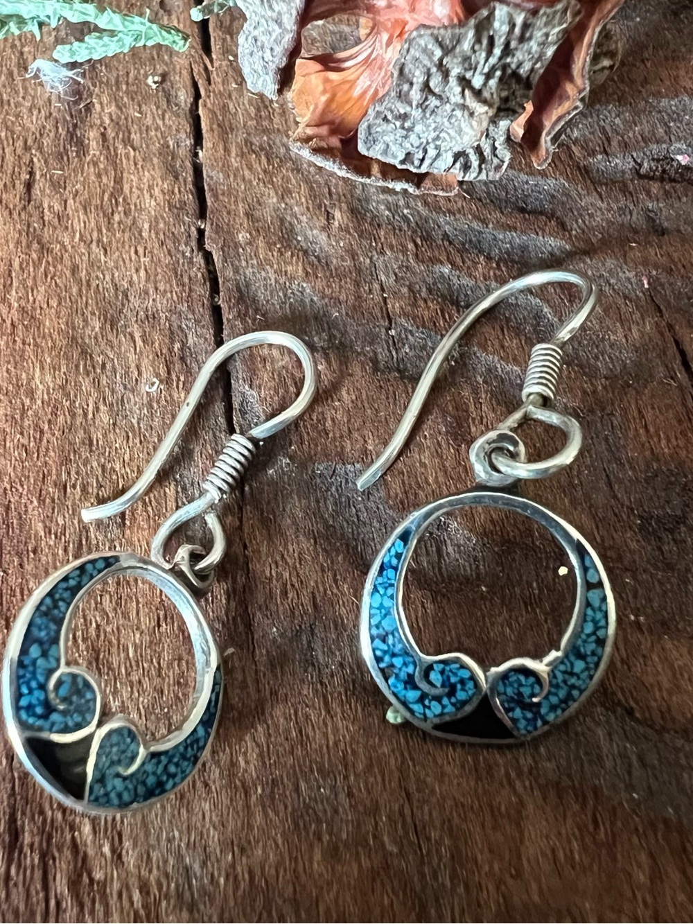 Taxco México Turquoise Inlay Earrings Sterling Blue Mosaic Wave Drop Hooks